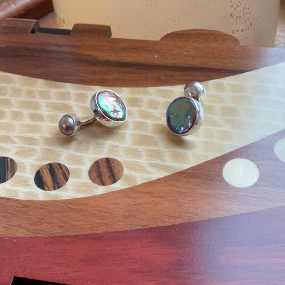 Grey mabe pearl cuff links set in sterling silver